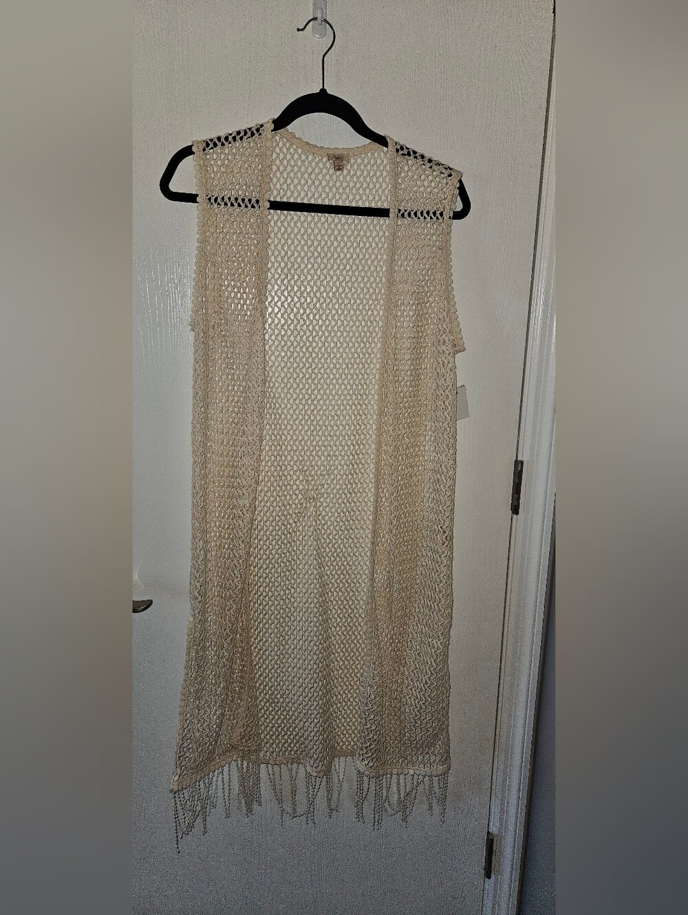 Reba Cream Open-Knit Sleeveless Maxi Vest with Fringe